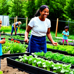 A diverse group of adults and children actively engaged in an urban community garden, planting and watering vegetables with joyful expressions. They are fully clothed in modest, comfortable outdoor attire, appropriate for gardening. The background showcases vibrant green plants, neatly arranged garden beds, and a blurred cityscape, emphasizing a harmonious blend of nature and urban life. The scene highlights community bonding and ecological education. safe for work, appropriate content, fully clothed, family-friendly, perfect anatomy, correct proportions, natural pose, well-formed hands, proper finger count, natural body proportions, professional photography, high quality, natural lighting.