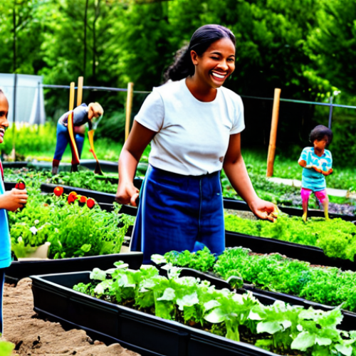 A diverse group of adults and children actively engaged in an urban community garden, planting and watering vegetables with joyful expressions. They are fully clothed in modest, comfortable outdoor attire, appropriate for gardening. The background showcases vibrant green plants, neatly arranged garden beds, and a blurred cityscape, emphasizing a harmonious blend of nature and urban life. The scene highlights community bonding and ecological education. safe for work, appropriate content, fully clothed, family-friendly, perfect anatomy, correct proportions, natural pose, well-formed hands, proper finger count, natural body proportions, professional photography, high quality, natural lighting.