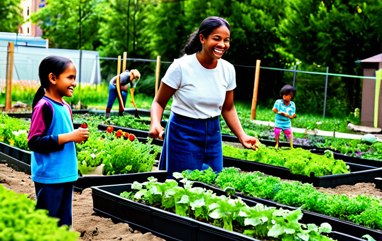 A diverse group of adults and children actively engaged in an urban community garden, planting and watering vegetables with joyful expressions. They are fully clothed in modest, comfortable outdoor attire, appropriate for gardening. The background showcases vibrant green plants, neatly arranged garden beds, and a blurred cityscape, emphasizing a harmonious blend of nature and urban life. The scene highlights community bonding and ecological education. safe for work, appropriate content, fully clothed, family-friendly, perfect anatomy, correct proportions, natural pose, well-formed hands, proper finger count, natural body proportions, professional photography, high quality, natural lighting.