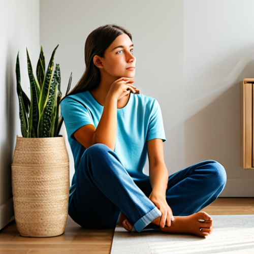 A thoughtful young adult in a natural pose, clad in modest, comfortable everyday attire, fully clothed. The individual is seated comfortably in a sunlit, minimalist living space, surrounded by well-organized, high-quality, durable home goods and a few potted plants. The setting evokes a sense of peace and intentional living. Perfect anatomy, correct proportions, natural body proportions, well-formed hands, proper finger count, professional photography, high detail, soft natural lighting, realistic rendering, safe for work, appropriate content, family-friendly.