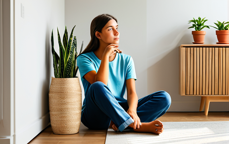 A thoughtful young adult in a natural pose, clad in modest, comfortable everyday attire, fully clothed. The individual is seated comfortably in a sunlit, minimalist living space, surrounded by well-organized, high-quality, durable home goods and a few potted plants. The setting evokes a sense of peace and intentional living. Perfect anatomy, correct proportions, natural body proportions, well-formed hands, proper finger count, professional photography, high detail, soft natural lighting, realistic rendering, safe for work, appropriate content, family-friendly.
