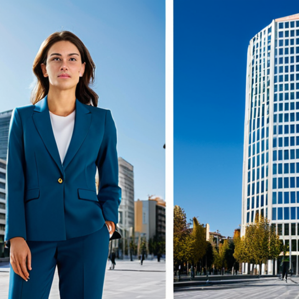 Empowered Professional**
A businesswoman in a tailored, modest blazer and trousers, standing confidently in front of a modern skyscraper in Madrid. She is fully clothed, in appropriate attire, and the scene is safe for work. Perfect anatomy, natural proportions. Professional, high-quality photography, bright daylight.
**