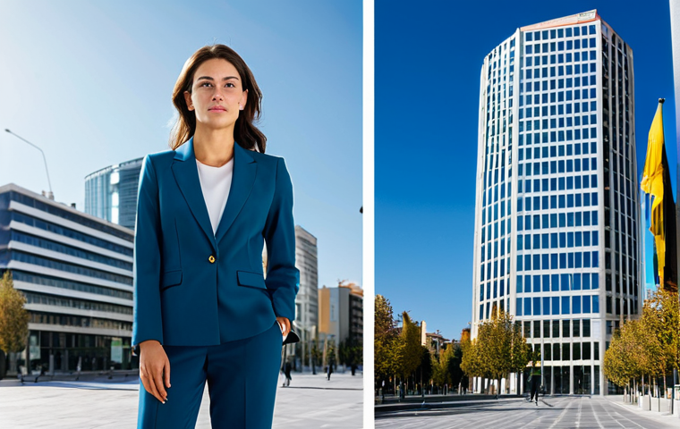 Empowered Professional**
A businesswoman in a tailored, modest blazer and trousers, standing confidently in front of a modern skyscraper in Madrid. She is fully clothed, in appropriate attire, and the scene is safe for work. Perfect anatomy, natural proportions. Professional, high-quality photography, bright daylight.
**