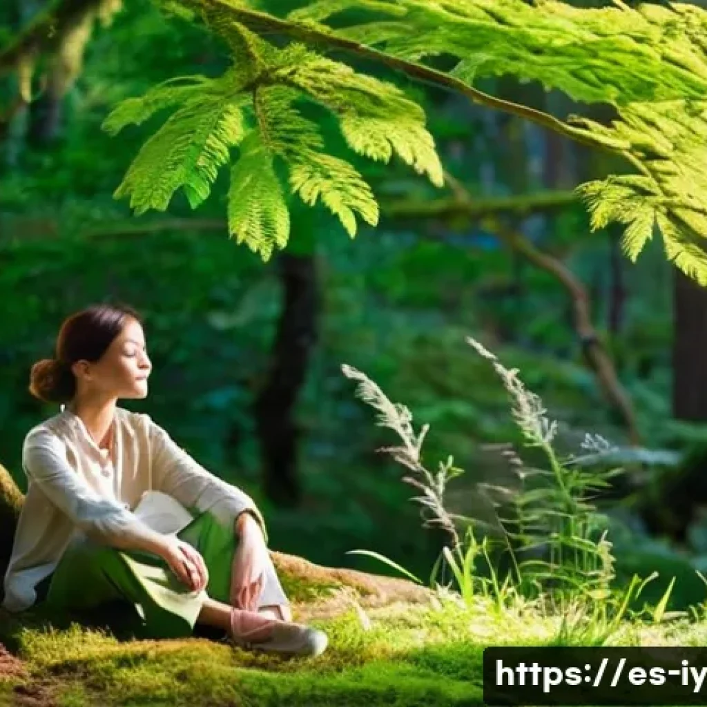 생태적 자아 형성과 정신적 성숙의 관계 - **Prompt:** A serene and contemplative woman, aged late 20s to early 30s, is sitting peacefully amid...