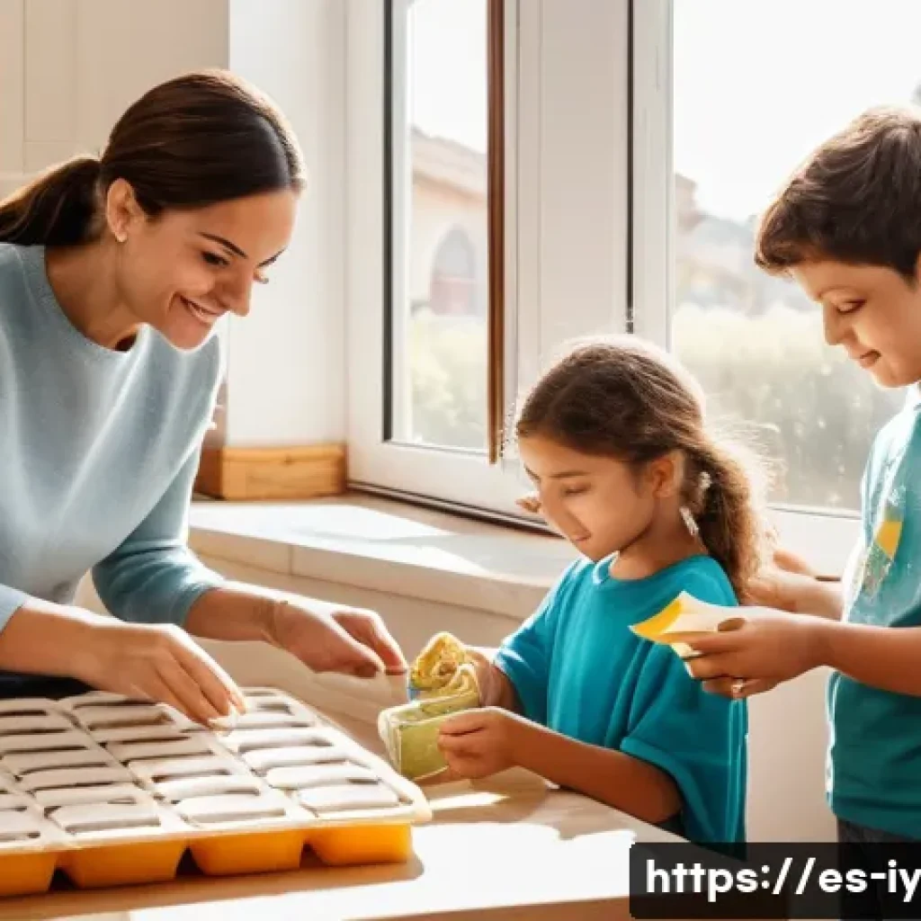 생태적 자아 형성을 위한 인터뷰 사례 - A warm family scene in a cozy Spanish home kitchen where parents and children are sorting recyclable...