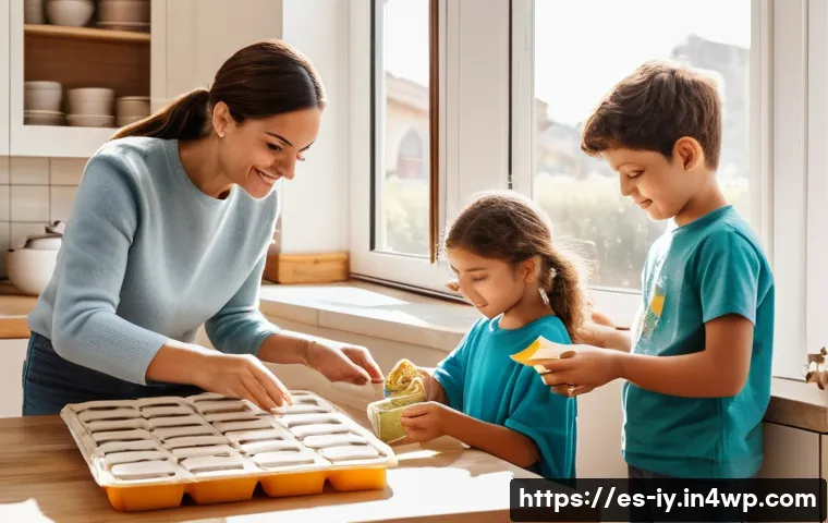 생태적 자아 형성을 위한 인터뷰 사례 - A warm family scene in a cozy Spanish home kitchen where parents and children are sorting recyclable...