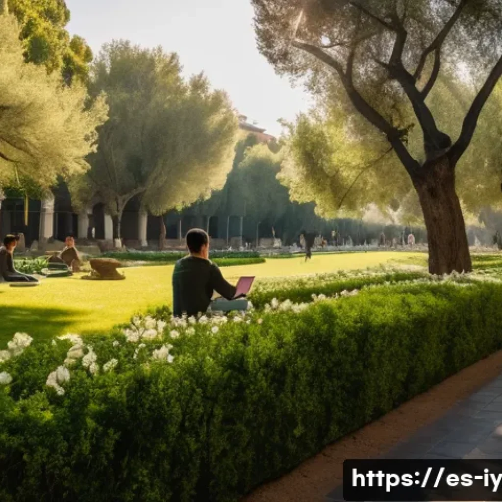 자아 발견을 위한 생태적 접근법 - A serene urban park scene in Madrid during early morning light, showing a diverse group of people pr...