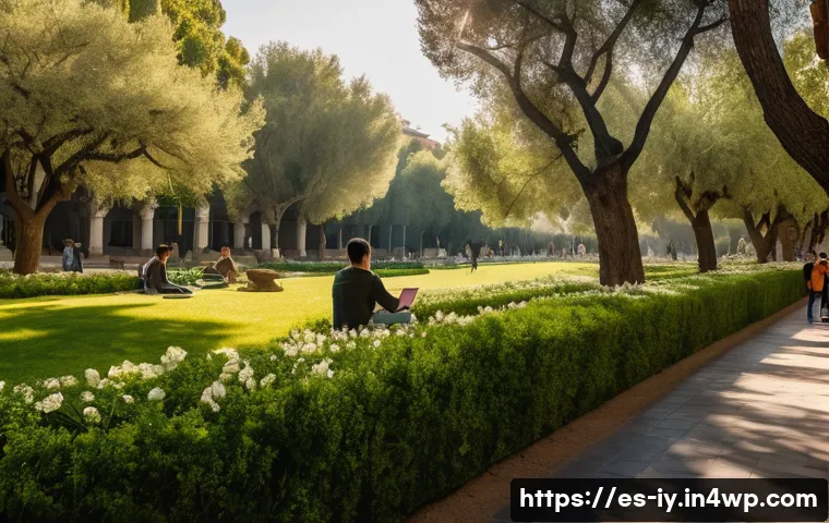 자아 발견을 위한 생태적 접근법 - A serene urban park scene in Madrid during early morning light, showing a diverse group of people pr...