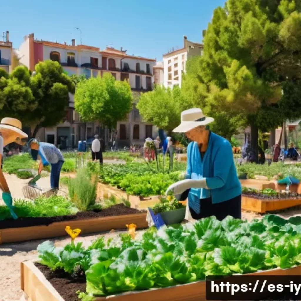 생태적 자아 형성을 위한 협력적 접근 - A vibrant community garden scene in a sunny urban park in Barcelona, Spain, showing diverse people o...