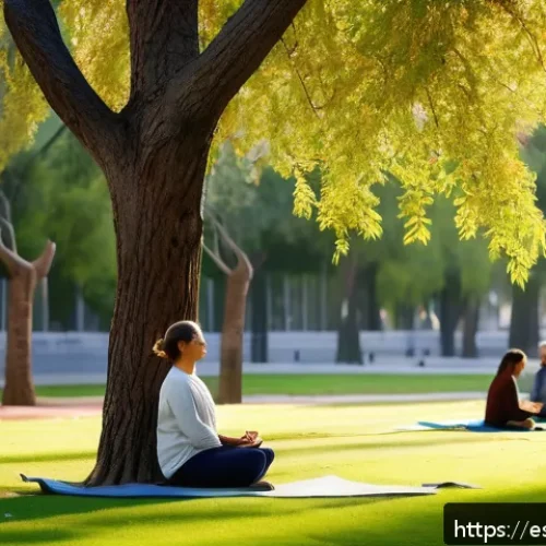 Home 33 생태적 자아 형성과 자원 보호의 관계 - A serene urban park scene in Madrid during early morning, featuring diverse people practicing mindfu...