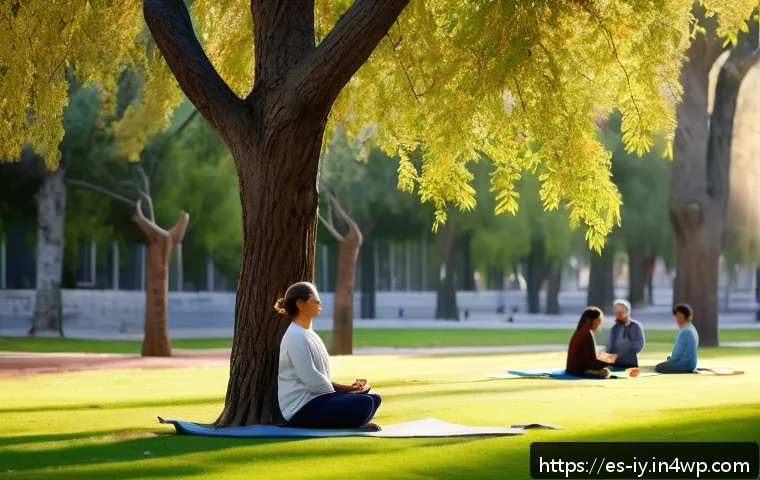 생태적 자아 형성과 자원 보호의 관계 - A serene urban park scene in Madrid during early morning, featuring diverse people practicing mindfu...