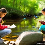 Home 20 생태적 자아의 발전을 위한 교육적 접근 - A vibrant outdoor educational scene in a lush forest near a river, featuring a diverse group of Span...