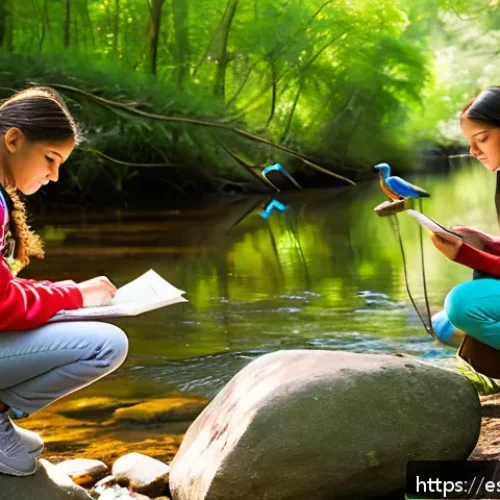 Home 32 생태적 자아의 발전을 위한 교육적 접근 - A vibrant outdoor educational scene in a lush forest near a river, featuring a diverse group of Span...