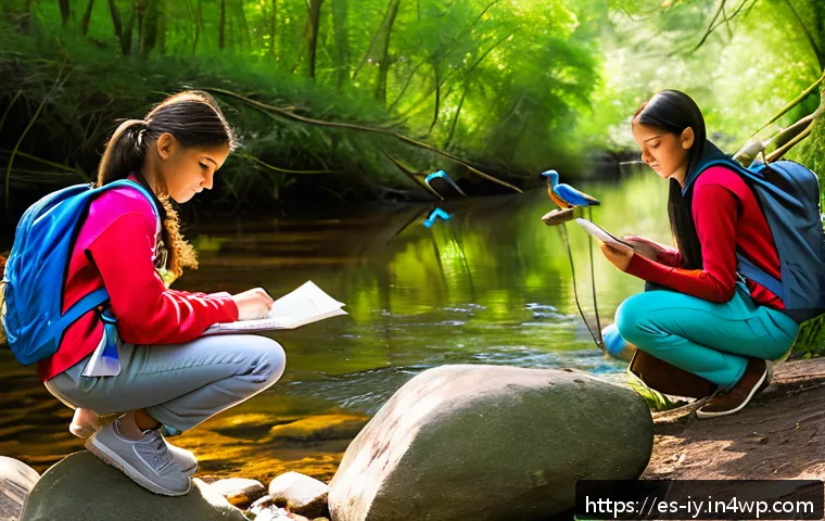 생태적 자아의 발전을 위한 교육적 접근 - A vibrant outdoor educational scene in a lush forest near a river, featuring a diverse group of Span...
