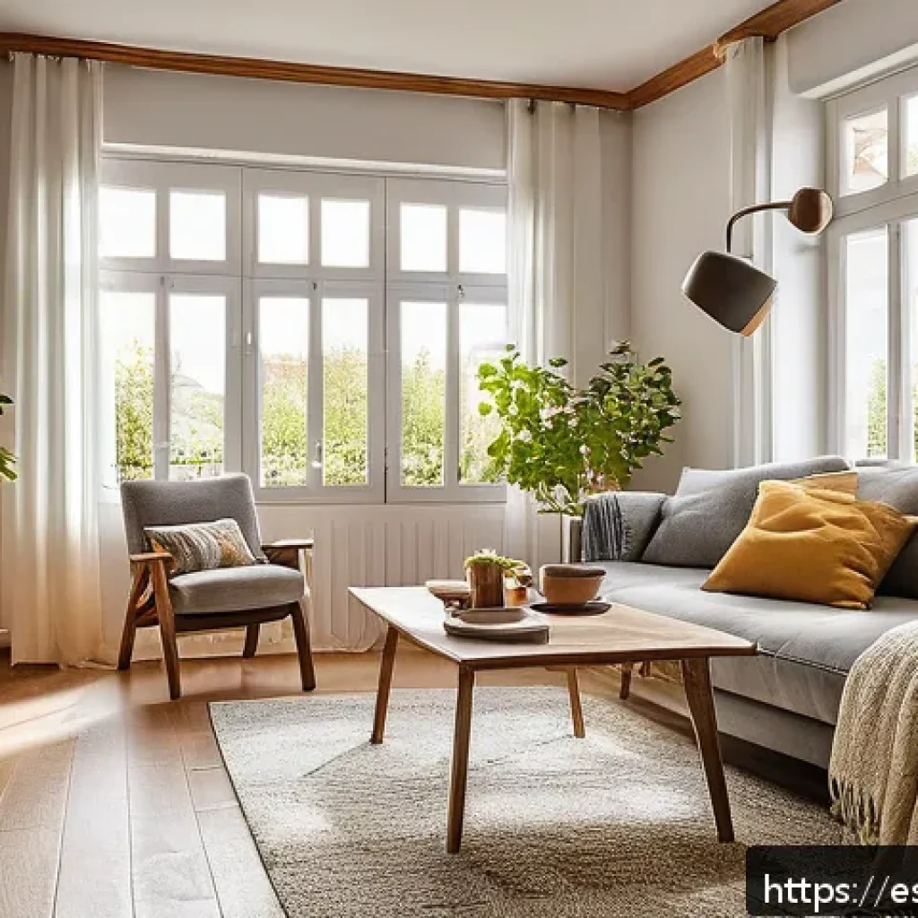 생태적 자아 형성과 지구 생태계 보호 - A cozy, sunlit living room in a Spanish home featuring modern LED light bulbs installed in stylish l...