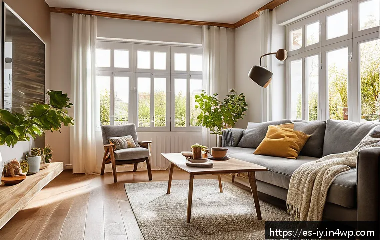 생태적 자아 형성과 지구 생태계 보호 - A cozy, sunlit living room in a Spanish home featuring modern LED light bulbs installed in stylish l...