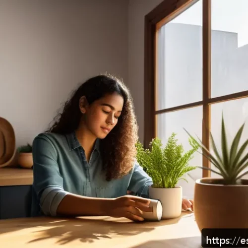 Home 30 생태적 자아 형성을 위한 자기 반성 기법 - A young Hispanic woman turning off unused lights in a cozy, modern apartment with energy-saving LED ...