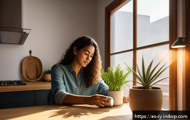 생태적 자아 형성을 위한 자기 반성 기법 - A young Hispanic woman turning off unused lights in a cozy, modern apartment with energy-saving LED ...