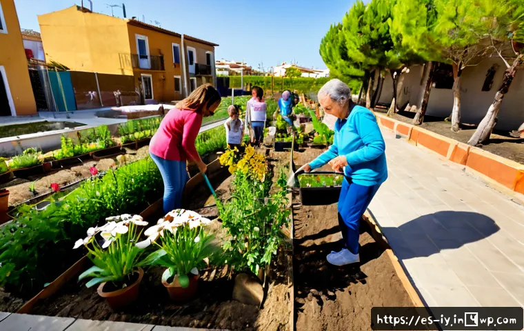 생태적 자아 형성과 사회적 변화의 기회 - Photorealistic wide-angle scene in a sunlit Spanish community garden, diverse adults and teenagers p...