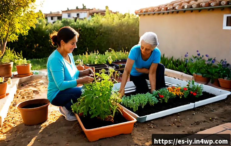 생태적 자아 형성과 환경적 책임의 중요성 - Photorealistic environmental portrait of a Spanish family in a sunlit community garden, grandmother,...