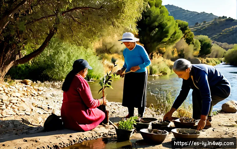 생태적 자아 형성과 환경 보전의 필요성 - Photorealistic wide shot of a multigenerational Spanish family restoring a native woodland beside a ...