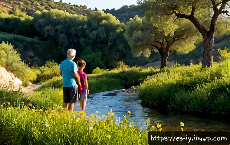 자연 체험이 생태적 자아 형성에 미치는 영향 - Photorealistic wide scene of a Spanish-speaking family exploring a Mediterranean nature reserve in r...